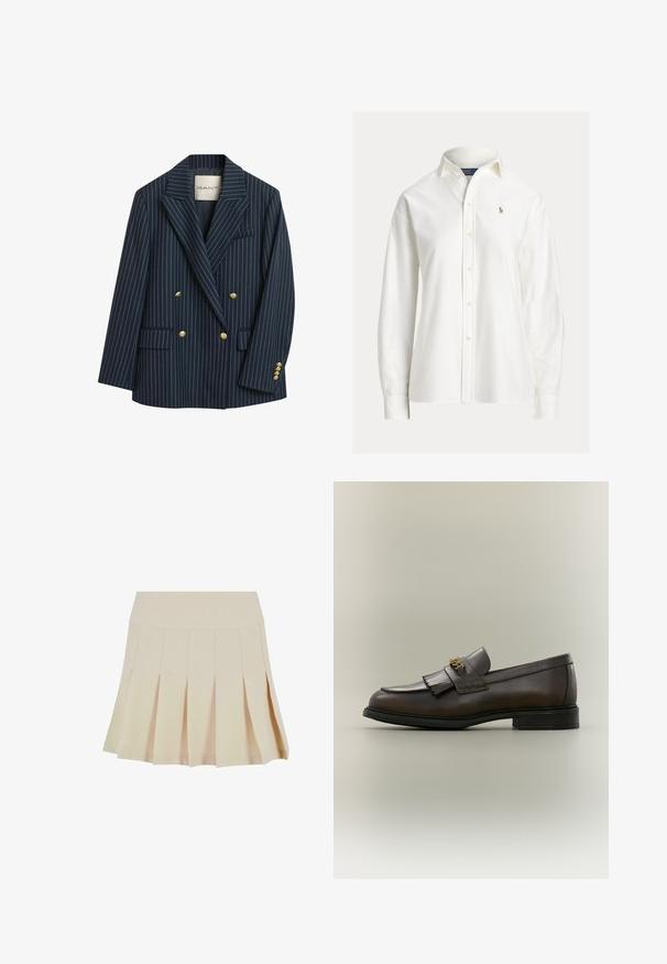 Marine gestreepte dubbelzijdige blazer met gouden knopen, notch-lapels en twee zakken aan de voorkant. De stof lijkt soepel met een getailleerde snit.; Witte blouse met lange mouwen en knopen, kraag en klein geborduurd logo op de linkerborst.; Beige geplisseerde rok met een aangesloten tailleband, gemaakt van een gladde stof. Kenmerkt zich door meerdere verticale plooien en een rechte zoom.; Donkerbruine leren loafer met franjes en gouden gesp op zwarte zool, gezien van opzij tegen een neutrale achtergrond.