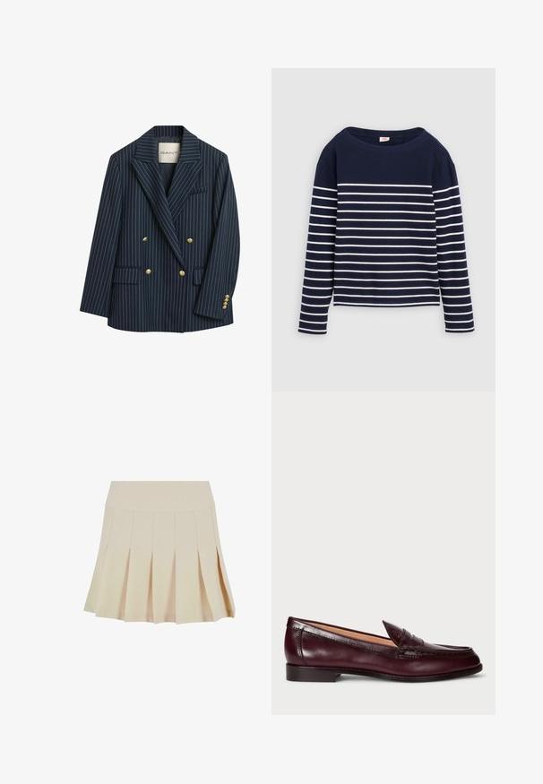 Marine gestreepte dubbelzijdige blazer met gouden knopen, notch-lapels en twee zakken aan de voorkant. De stof lijkt soepel met een getailleerde snit.; Levi's® MARIN STRIPE - Longsleeve - navy/egret; Beige geplisseerde rok met een aangesloten tailleband, gemaakt van een gladde stof. Kenmerkt zich door meerdere verticale plooien en een rechte zoom.; Bordeaux leren loafers met een gladde afwerking, ronde neus, decoratieve stiksels en een lage hak. Het interieur heeft een zachte beige voering.