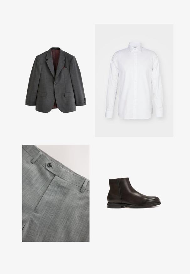 Dunkelgrauer Herrenblazer mit Revers mit Kerbe, zwei vorderen Klappentaschen, geknöpften Manschetten und einem bordeauxfarbenen Innenfutter mit Brusttasche.; Langärmliges weißes Hemd aus Baumwolle, mit Kragen, Knopfleiste und taillierter Passform sowie seitlichen Schlitzen am Saum.; Hellgraue Hose mit strukturiertem Stoff, Knopfverschluss, flacher Vorderseite mit dezenten Nadelstreifen und Seitentaschen.; Schwarze Leder-Ankle-Boots mit glatter Textur, runder Zehenform und niedrigem Absatz. Verfügt über einen seitlichen Reißverschluss für einfaches An- und Ausziehen.