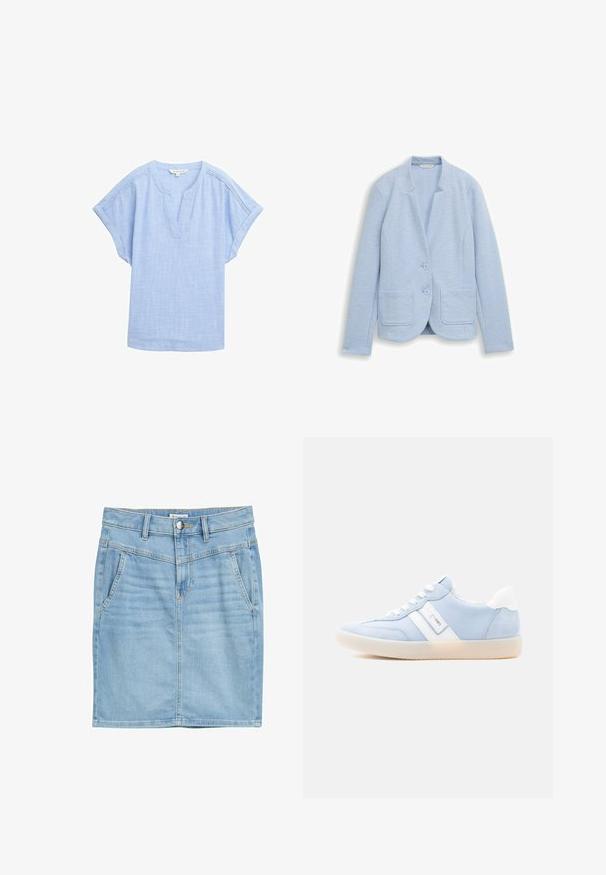 Lichtblauw damesblazer met een ingesneden revers, twee knopen aan de voorkant, lange mouwen en twee opgestikte zakken.; Lichtblauw shirt met korte mouwen in een ademende stof, met een v-hals en een subtiele textuurpatroon overal.; Lichtblauwe denimrok met een recht ontwerp, voorkruiszakken, zichtbare stiksels en een knoopsluiting. Zachte textuur en klassieke snit.; Lichtblauwe leren en suède sneakers met witte accenten, een afgeronde neus en een gestructureerde rubberen zool. Voorzien van platte veters en logodetail.