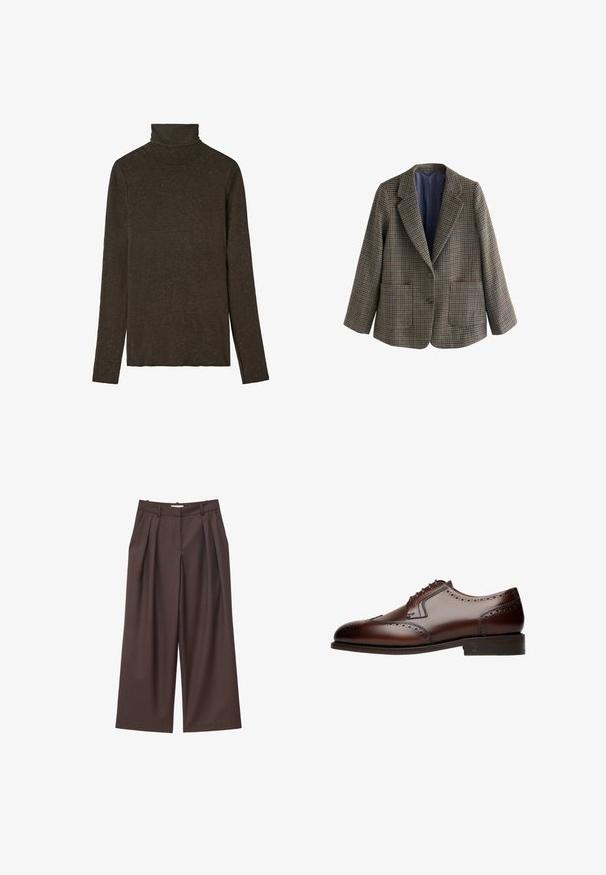 Tweed blazer met een veelkleurig geruit patroon, notch revers, twee voorzakken en knoopsluiting. Gevoerde binnenkant in effen kleur.; Donkerbruine coltrui gemaakt van zacht, gestructureerd materiaal. Heeft lange mouwen en een getailleerd ontwerp, met een gladde halslijn.; Bruine broek met hoge taille, wijde pijpen, voorplooien, riemlussen en een verborgen sluiting aan de voorkant.; Bruine leren nette schoen met brogue-details, ronde neus en vetersluiting met vijf oogjes, rustend op een platte, gestructureerde zool.