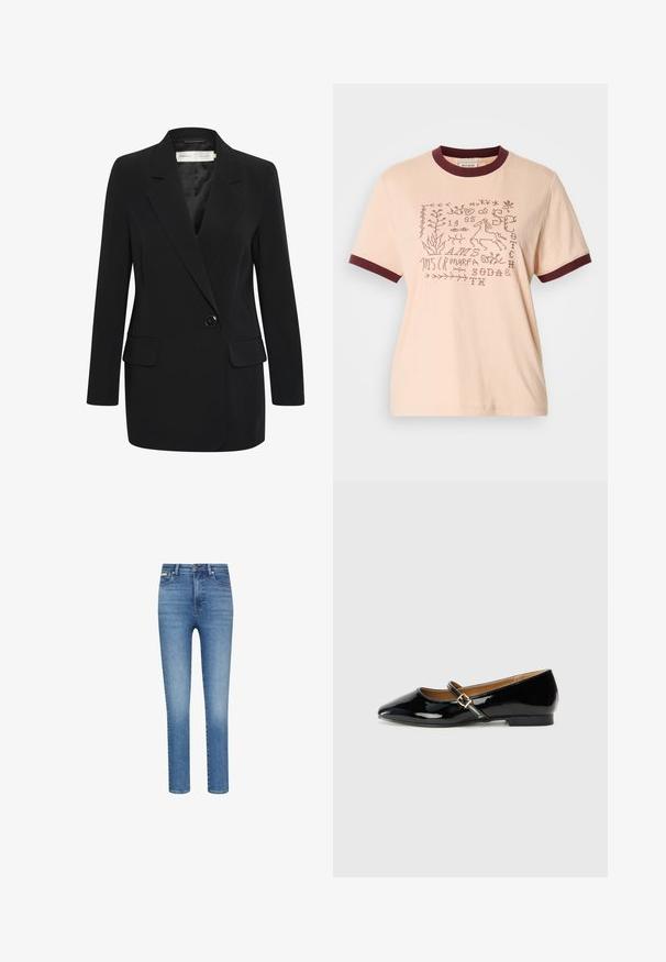 Sort blazer med insnit-lapel, enkelt knaplukning, to forlommer og en glat tekstur. Skræddersyet pasform med lange ærmer.; Lys ferskenfarvet bomulds T-shirt med bordeaux ribbet krave og ærmer. Har broderede motiver, herunder planter og en hest.; Smaltsiddende jeans i mediumvasket blå denim. Har høj talje, fem-lommer-design og kontrastsyninger overalt.; Sorte patenterede lædersko med spids tå, ankelrem med en guldfarvet spænde og en lav blokhæle. Glat, skinnende overflade.