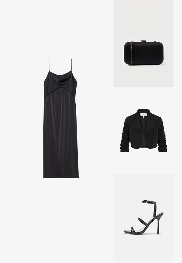 Sort kort jakke lavet af glat stof, med bred krave, rynkede lange ærmer og åben frontdesign.; Sort satin slip kjole med tynde spaghetti stropper, en draperet halsudskæring og en lige silhuet. Glat tekstur og minimalistisk design.; Sorte patentlæder højhælede sandaler med tre horisontale stropper og en justerbar ankelstrop. Elegant silhuet og skinnende finish.; Sort rektangulær clutch lavet af glat materiale. Har en aftagelig kædestropp og en metallisk clasp på toppen. Enkel design med afrundede kanter.
