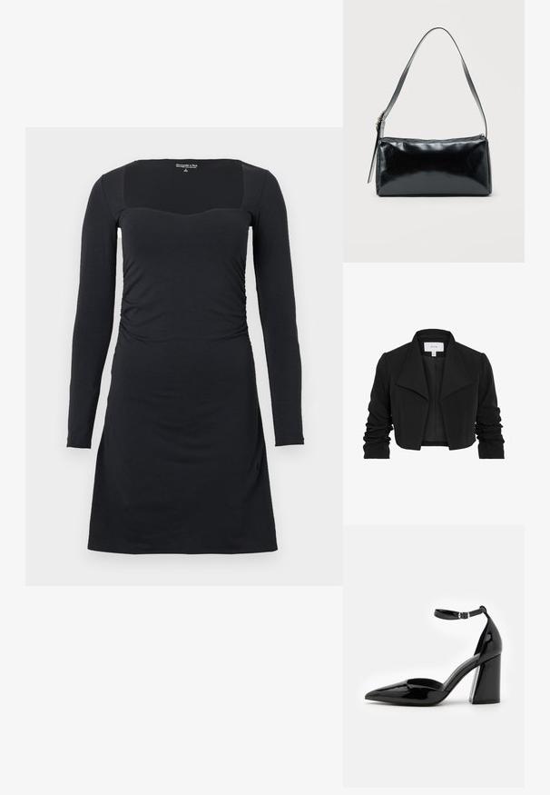Veste noire cintrée en tissu lisse, avec un large col, des manches longues froncées et un design ouvert à l'avant.; Robe noire à manches longues avec un décolleté carré, un corsage ajusté, des côtés froncés et un ourlet évasé. Confectionnée dans un tissu doux et extensible.; Chaussure à talon haut en cuir verni noir avec un bout pointu, une bride de cheville et un large talon bloc pour la stabilité, présentant une texture lisse et brillante.; Sac d'épaule rectangulaire noir avec une sangle réglable unique et une fermeture éclair supérieure sur un fond uni.