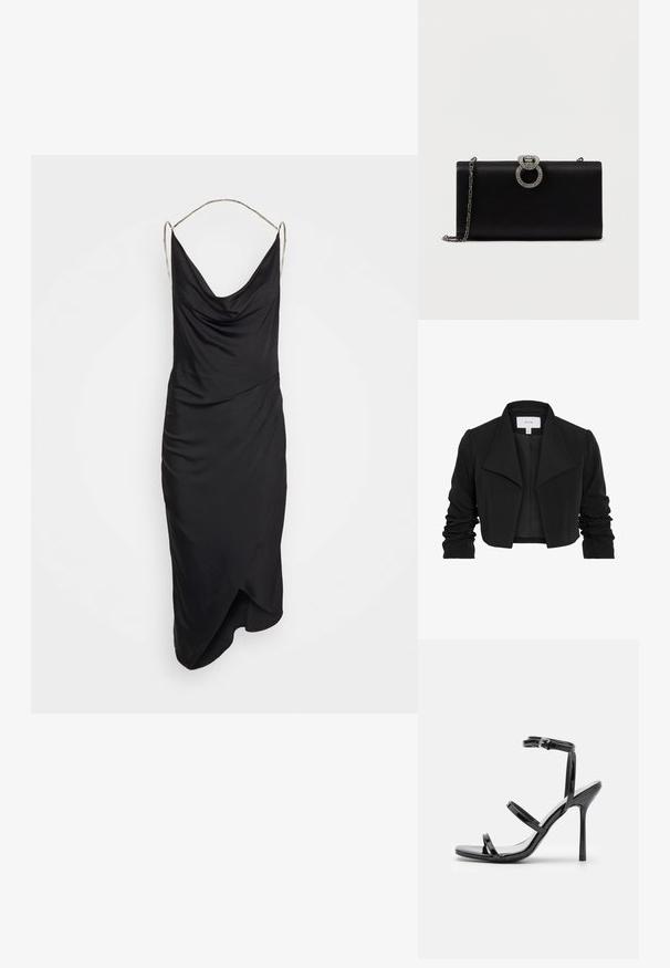 Schwarze, kurze Jacke aus glattem Stoff, mit einem breiten Kragen, rüschenlangen Ärmeln und einem offenen Vorderdesign.; Et Ochs ILA CHAIN COWL NECK MIDI DRESS - Cocktailkleid/festliches Kleid - black; Schwarze Lackleder-High-Heel-Sandalen mit drei horizontalen Riemen und einem verstellbaren Knöchelriemen. Schlanke Silhouette und glänzende Oberfläche.; Schwarze Satin-Clutch mit einem silberfarbenen, rundenverschluss, der mit Strasssteinen verziert ist. Sie verfügt über eine abnehmbare Kettenriemen.
