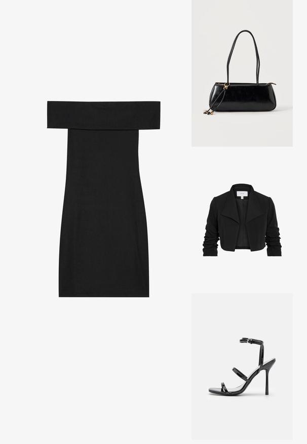 Sort kort jakke lavet af glat stof, med bred krave, rynkede lange ærmer og åben frontdesign.; Sort off-shoulder kjole lavet af ribbet stof. Designet har en tætsiddende form og en lige kant, der fremhæver en glat tekstur.; Sorte patentlæder højhælede sandaler med tre horisontale stropper og en justerbar ankelstrop. Elegant silhuet og skinnende finish.; Sort rektangulær håndtaske med to lange stropper, guldringdetalje og lynlåslukning på en ensfarvet lys baggrund.