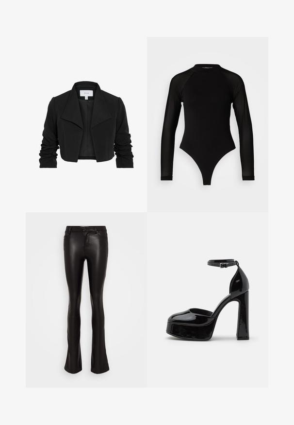 Schwarze, kurze Jacke aus glattem Stoff, mit einem breiten Kragen, rüschenlangen Ärmeln und einem offenen Vorderdesign.; Schwarzer Langarm-Body mit hohem Kragen, bestehend aus festem Stoff im Torso und transparenten Netzärmel, entworfen in einer körperbetonten Form.; Vero Moda VMFLASH FLARED PANTS - Stoffhose - black; Schwarze Lackleder-Plateau-Absätze mit einem Knöchelriemen, runder Zehenform und Blockabsatz, die eine glatte, glänzende Textur präsentieren.