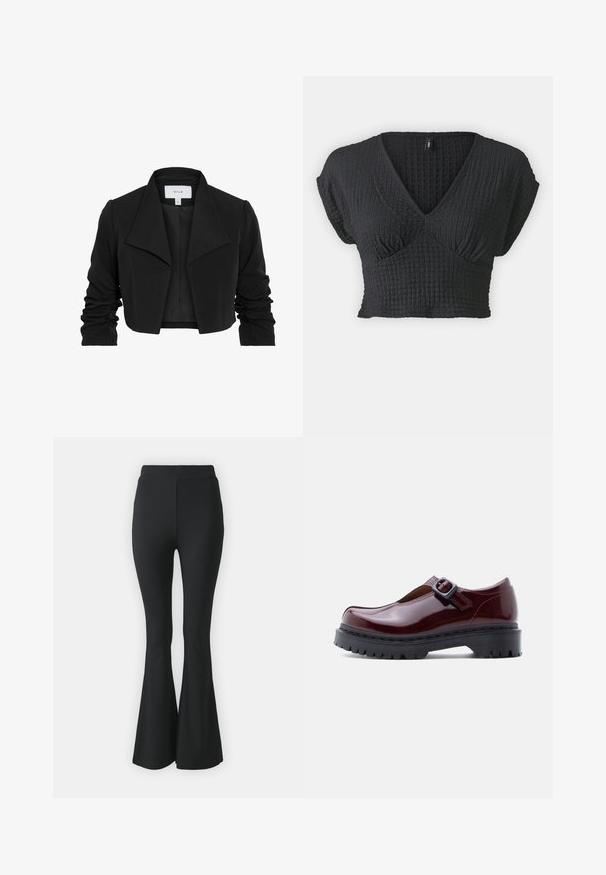 Veste noire cintrée en tissu lisse, avec un large col, des manches longues froncées et un design ouvert à l'avant.; ONLY Petite ONLASTRID - T-shirt basique - black; Pantalons noirs évasés en tissu extensible. Présentent une taille haute et un design lisse et ajusté qui s'évase à partir du genou.; Chaussure en cuir verni bordeaux avec un bout rond, une boucle ajustable et une semelle plateforme noire épaisse à texture rainurée.