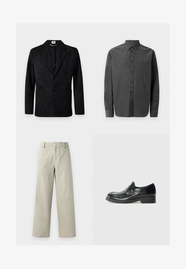 DRYKORN MARLS - Veste de costume - black; Chemise à manches longues de couleur gris foncé, en tissu texturé. Présente un devant à boutons, un col pointu et des poignets à un bouton.; Han Kjøbenhavn WIDE LEG - Pantalon classique - light grey; Mocassins en cuir noir avec des coutures de mocassin, une sangle proéminente sur le cou-de-pied, et un petit talon empilé. Fini lisse et bout rond.