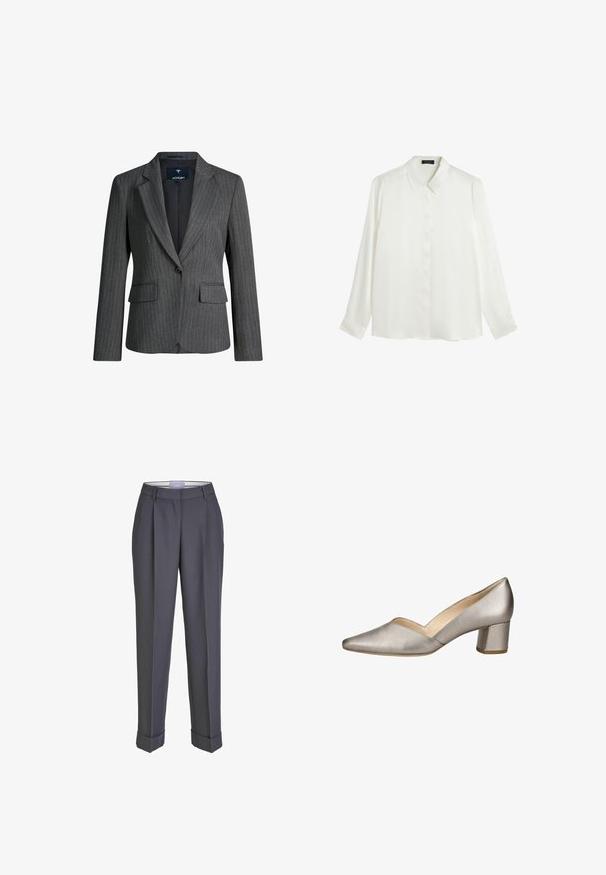 Dunkelgrauer Nadelstreifenblazer mit einem vorderen Knopf, Kerbkragen und zwei Klappentaschen, Vorderansicht auf weißem Hintergrund.; Weiße Bluse mit langen Ärmeln aus glattem Stoff, klassischem Kragen, durchgehender Knopfleiste und geknöpften Manschetten. Einfaches, minimalistisches Design.; Dunkelgraue Tailor-Hosen mit geradem Bein, gefalteter Vorderseite und umgeschlagenen Säumen. Hergestellt aus glattem Stoff und mit einem klassischen Bund versehen.; Damen Metallic Silber Leder Schuh mit niedrigem Blockabsatz, spitzer Spitze und V-förmiger Öffnung an der Seite.