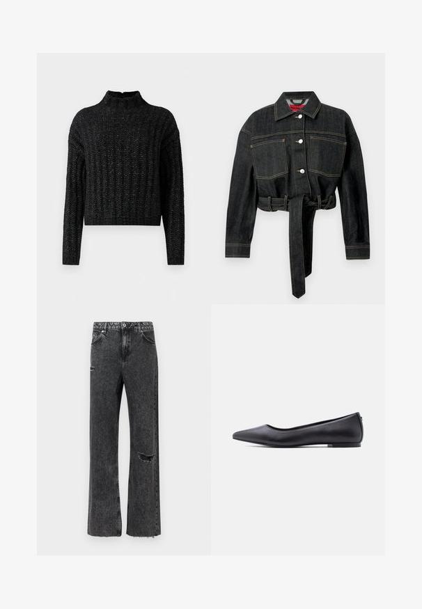 Veste en denim foncé à manches longues, avec un devant boutonné, deux poches poitrine et un détail de ceinture nouée à la taille. Coutures contrastantes sur l'ensemble.; Pull en tricot noir, épais, avec un motif côtes, manches longues et col montant court.; Jean à jambes larges en denim noir vieilli, avec un détail déchiré au genou, un ourlet effiloché et une braguette à boutons standard avec poches.; Chaussure plate en cuir noire à bout pointu avec petit talon, vue de profil sur fond blanc.