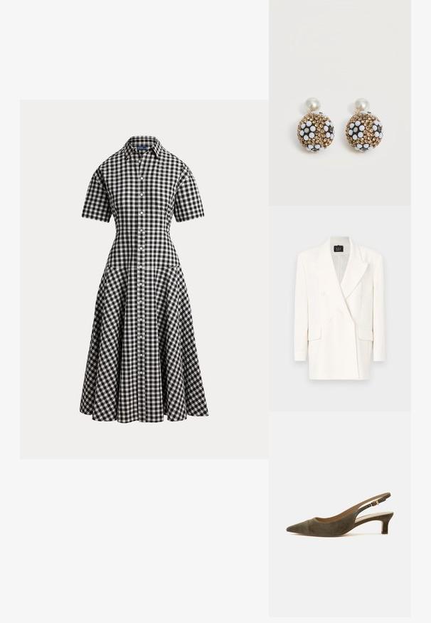 Hvid dobbeltradet blazer lavet af et glat stof. Den har revers med hakket krave, lange ærmer og to forlommer. Ren design, minimale detaljer.; Sort og hvid gingham ternet skjortekjole med korte ærmer, figursyet talje, knaplukning foran og skørt i midi-længde med vidde.; Olivengrøn ruskind slingback sko med spids snude, lav kittenhæl og guldspænde, på hvid baggrund.; Runde ørestikker med perletoppe, med guldrhinsten og hvide blomstermønstre på mørke sfæriske baser.