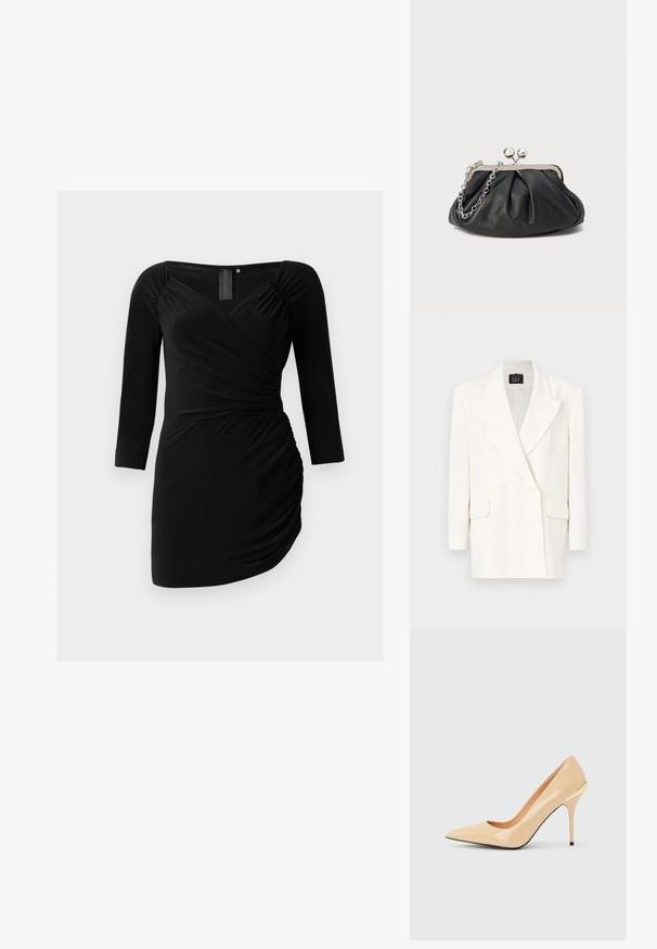 Witte dubbele rij knopen blazer gemaakt van een gladde stof. Het heeft een notched revers, lange mouwen en twee voorzakken. Strak ontwerp, minimale accenten.; Zwart wikkeljurk van zachte stof, met driekwartmouwen, een getailleerde silhoeette en gerimpelde details aan de zijkant.; Beige lakleren pump met hoge hak, spitse neus en slanke stilettohak, met een klein gouden accent aan de achterkant.; Zwarte leren clutch met geplooide textuur, zilverkleurig metalen frame, drukknopsluiting en kettingriem. Glad, zacht oppervlak.