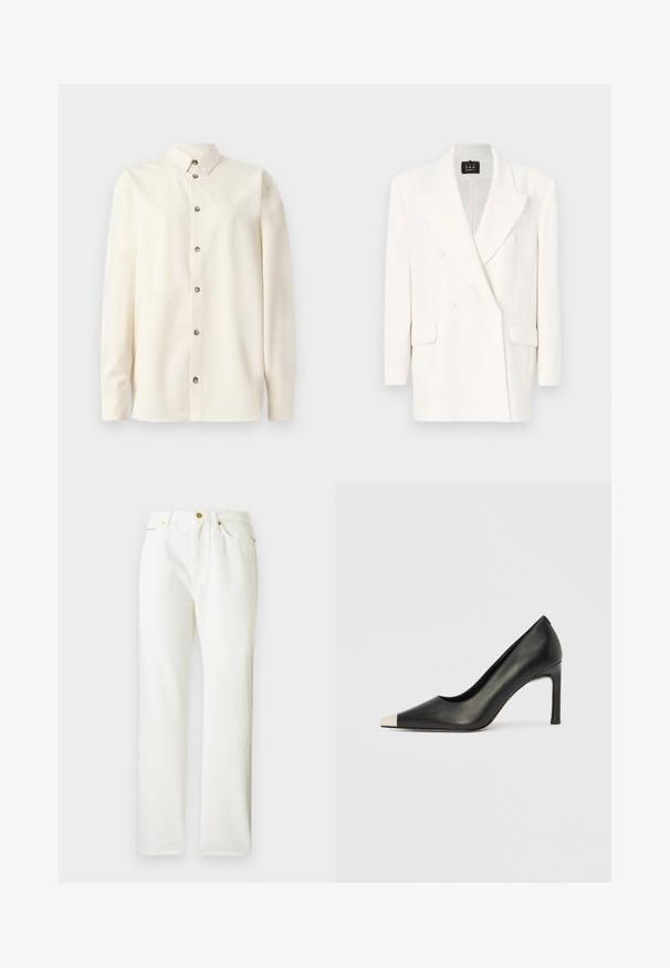 Veste blanche croisée en tissu lisse. Elle présente un revers cranté, des manches longues et deux poches avant. Design épuré, accents minimaux.; Soulland DAMON SHIRT - Chemisier - white; Pantalons en denim blanc avec une coupe droite, dotés d'une fermeture à bouton sur le devant et d'une texture subtile. Comprend des poches latérales et un matériel minimal.; Chaussure à talon haut en cuir noir avec bout pointu et capuchon argenté métallique. Présente une finition lisse et un talon fin de 10 cm.