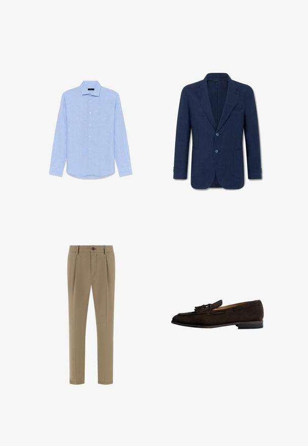 Marineblauer Herrenblazer mit zwei Knöpfen, Revers mit Kerb, Brusttasche und zwei aufgesetzten Fronttaschen, vor weißem Hintergrund dargestellt.; Hellblaues langärmliges Hemd mit Knöpfen, spitzem Kragen und weißen Knöpfen, flach auf einem weißen Hintergrund ausgelegt.; Beige maßgeschneiderte Hose mit Gürtelschlaufen, vorderem Knopfverschluss, Reißverschluss und Seitentaschen, präsentiert vor einem weißen Hintergrund.; Dunkelbrauner Wildleder-Tasselloafer mit niedrigem gestapeltem Absatz und abgerundetem Vorderteil in Seitenansicht auf weißem Hintergrund.