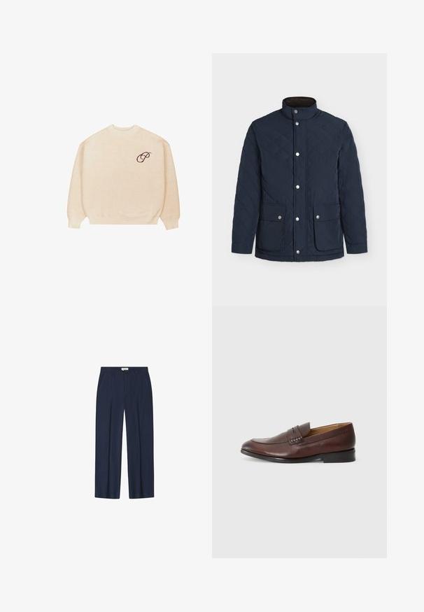Marineblå quiltet jakke med høj krave, trykknapper foran og to forlommer med klap og sølvfarvede knapper.; Beige crewneck sweater med lange ærmer og ribbede manchetter, med en lille mørk broderet skrifttype "P" på venstre bryst.; Marineblå bukser med plisseret front, lige ben og to sidelommer. Fremstillet af et glat, letvægtsstof.; JOOP! KLEITOS - Loafers - brown