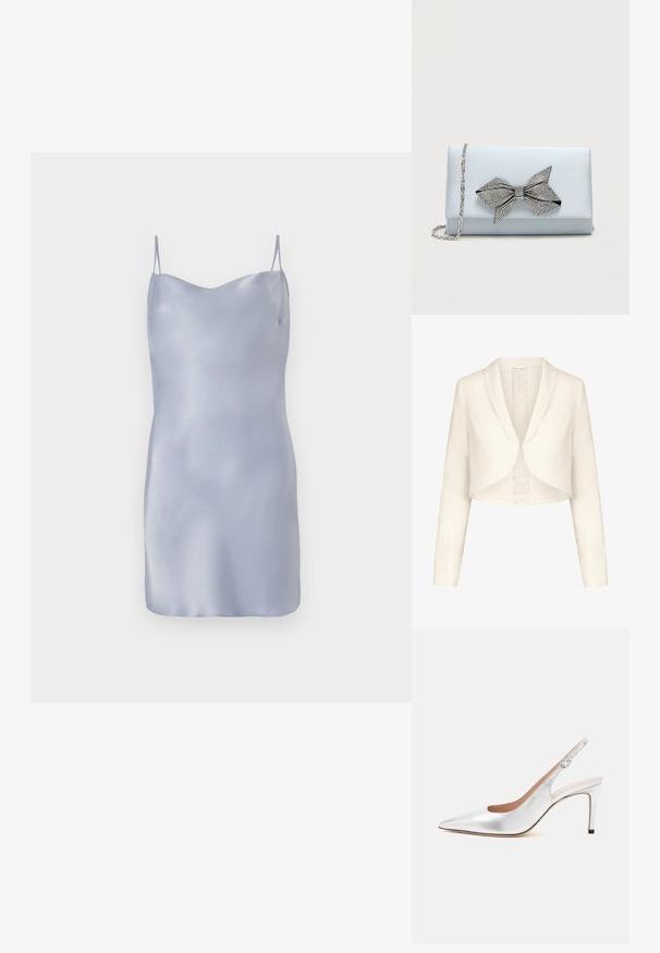 Hvid cropped jakke med lange ærmer, brede revers og en blondelinning. Glat tekstur, tætsiddende form og enkelt lukning foran.; Satin glidende kjole i lyseblå med tynde justerbare stropper, en glat og sleek tekstur samt en enkel silhuet.; Sølv spids tå slingback stilet med spænde og slank mellemhøj hæl.; Lyseblå satin clutch med sølv kædetras og stor rhinesten-beklædt sløjfe dekoration på frontklappen.