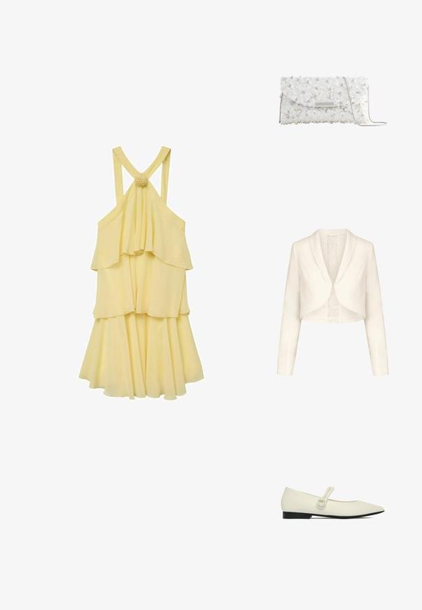 Hvid cropped jakke med lange ærmer, brede revers og en blondelinning. Glat tekstur, tætsiddende form og enkelt lukning foran.; Gul lagdelt kjole med et flydende design, der har spaghetti stropper og en rynket ryg. Pyntet med en blomsterdetalje ved stropperne.; Damernes off-white spids tå flad sko med dobbelt rem og lille gylden knapdetalje, og lav sort hæl.; Hvid aftentaske pyntet med perler, palietter og små krystaller, med sølvspænde og en tynd sølvkæde.