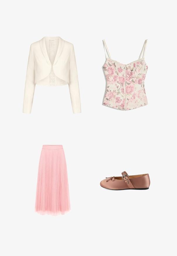 Witte cropped jas met lange mouwen, brede revers en een kanten binnenvoering. Gladde textuur, aansluitende pasvorm en een enkele sluiting aan de voorkant.; Bloemen corsetstijl top met roze bloemen en groene bladeren op crèmekleurige achtergrond, dunne crèmekleurige bandjes en kanten rand langs de halslijn.; zero MIT PLIESSENDEM BECHER - Plooirok - bridal rose; Roze satijnen ballerina's met ronde neus, decoratieve strik en enkelband met een zilveren gesp en oogjes. Platte zwarte zool.