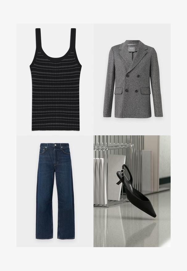 Grå dobbeltbrystet blazer med struktureret stof, notched lapels, to forlommer og sorte knapper. Mærke synligt indeni kraven.; Sort ribbet tanktop med tynde hvide striber, der har en rund halsudskæring og brede skulderstropper. Glat tekstur, tætsiddende design.; Mørkeblå brede jeans med knaplukning, bæltestropper og klassisk design med fem lommer. Glat denimstruktur med minimal shading.; Sort spids slingback-kattesko med hæl, svævende nær en metalmappeholder på en reflekterende gulv.