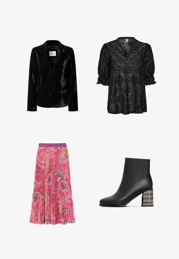 Sort fløjlblazer med hakket revers, lange ærmer og en forside lukning, mærket "WEST 11 Pepe Jeans London."; Sort blondebluse med blomstermønster, puffærmer og V-udskæring. Delikat tekstur og detaljeret broderi.; Lyserød plisseret nederdel med blomster- og paisleymønstre, med en kontrasterende turkise stribet talje. Lavet af letvægtsstof.; Cesare Gaspari Højhælede støvletter - black