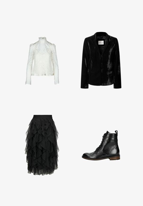 Zwarte fluwelen blazer met inkeping revers, lange mouwen en een voorzijde sluiting, gelabeld "WEST 11 Pepe Jeans London."; Witte kanten top met hoge kraag, opgeblazen lange mouwen en bloemmotief. Satijnen afwerking langs de onderkant voor extra detail.; Zwarte midi-jurk gemaakt van gelaagd tule met een ruchesontwerp. Heeft een elastische tailleband. Transparante stof voegt textuur en beweging toe.; Zwarte leren enkelboots met brogue-detail, vetersluiting aan de voorkant, ronde neus, platte hak en een bruine houten accentzool.