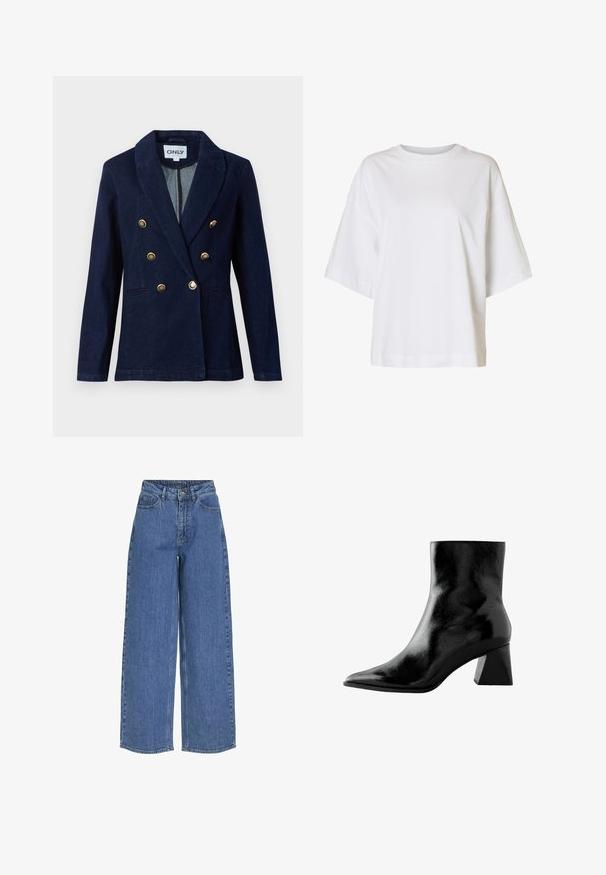Mørkeblå dobbeltradet blazer med guldfarvede knapper, klippet revers og to forlommer. Fremstillet af glat denim materiale.; Løs hvid T-shirt med korte ærmer, sænkede skuldre og rund halsudskæring på ensfarvet baggrund.; Bredde ben blå jeans med høj talje, lavet af denimstof. Egenskaber inkluderer frontlommer og knaplukning. Klassisk afslappet design.; Sort ankelstøvle med en glansfuld finish, spids tå og en kraftig kvadratisk hæl. Glat tekstur med et stilrent, minimalistisk design.