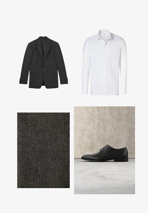 Dunkelgrauer, maßgeschneiderter Blazer mit gekerbtem Revers, zwei vorderen Knöpfen, Dreiknopfmanschetten und drei vorderen Taschen, flach liegend vor weißem Hintergrund dargestellt.; Weißes Langarmhemd aus Baumwolle mit klassischem Kragen, Knopfverschluss und geknöpften Manschetten, das eine glatte Textur aufweist.; Dunkel strukturiertes Gewebe mit einem subtilen Muster, das eine Mischung aus grauen und braunen Fäden aufweist und ein gewebtes Erscheinungsbild erzeugt. Glatt im Griff.; Schwarzer Lederschuh mit runder Zehenform, fünf Ösen Schnürdesign, glatte Oberfläche und niedrigem, flachem Absatz.