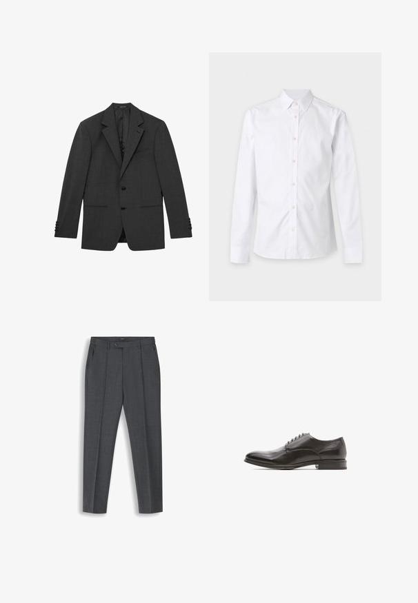 Mørkegrå skræddersyet blazer med hakkede revers, to knapper foran, manchetter med tre knapper og tre forlommer, vist fladt mod en hvid baggrund.; Hvid langærmet skjorte med knapper, krave og manchetter, vist fladt mod en ensfarvet lys baggrund.; Mørkegrå, skræddersyede herrebukser med for-plocher, bæltestropper, sidelommer og lukning i taljen med knap.; Sorte læder dresssko med rund tå, glat overflade, seks øjer til snøring, og en flad hæl med en let glans.