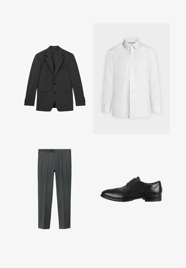 Dunkelgrauer, maßgeschneiderter Blazer mit gekerbtem Revers, zwei vorderen Knöpfen, Dreiknopfmanschetten und drei vorderen Taschen, flach liegend vor weißem Hintergrund dargestellt.; Weißes Hemd mit langen Ärmeln, ausgestelltem Kragen und geknöpften Manschetten, frontal auf hellgrauem Hintergrund dargestellt.; Grau, maßgeschneiderte Hose mit glatter Textur, einzelnen Vorderfalten und Knopfverschluss. Mit geraden Beinen und Seitentaschen.; Schwarze Leder-Dressschuhe mit glatter Oberfläche, runder Zehenform, Schnürdesign und niedrigem, gestapeltem Absatz. Dezente Nähte sind sichtbar.