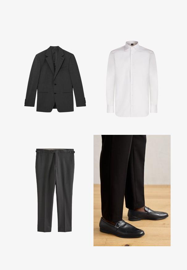 Blazer gris oscuro a medida con solapas con muesca, dos botones frontales, puños de tres botones y tres bolsillos frontales, mostrado plano sobre un fondo blanco.; Camisa blanca de manga larga con botones, hecha de una tela suave, con un cuello clásico y un dobladillo redondeado, que presenta botones delanteros y mangas con puños.; Pantalones ajustados de color gris oscuro con una textura suave, cierre de botón, presillas para cinturón y bolsillos laterales. Diseño de frente plano con pliegues nítidos.; Mocasines de cuero negro con una textura suave, que cuentan con una hebilla decorativa, combinados con pantalones negros a medida sobre un suelo de madera.