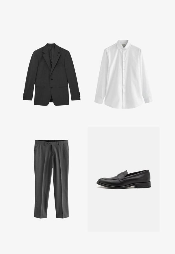 Mørkegrå skræddersyet blazer med hakkede revers, to knapper foran, manchetter med tre knapper og tre forlommer, vist fladt mod en hvid baggrund.; Next SINGLE CUFF REGULAR FIT - Business skjorter - white penny collar; Next REGULAR FIT - Habitbukser - charcoal grey; Sort læderloafer med en glat finish, en dekorativ rem over vristen, rund tå og en lav stablet hæl.