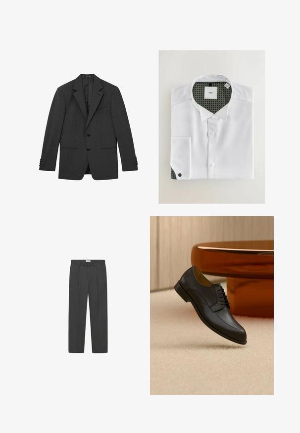 Blazer gris oscuro a medida con solapas con muesca, dos botones frontales, puños de tres botones y tres bolsillos frontales, mostrado plano sobre un fondo blanco.; Camisa blanca de botones con tela texturizada, doblada cuidadosamente. El interior del cuello presenta un patrón verde con círculos dorados. Etiqueta de la marca visible.; Pantalones grises a medida con un sutil patrón de cuadro, tejido texturizado y pliegues delanteros, presentando una cinturilla con pasadores para cinturón.; Zapato de vestir negro de cuero con cordones flotando sobre una alfombra beige, con una mesa redonda naranja al fondo.