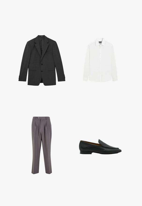 Mørkegrå skræddersyet blazer med hakkede revers, to knapper foran, manchetter med tre knapper og tre forlommer, vist fladt mod en hvid baggrund.; Herre skjorte med lange ærmer i hvid med knaplukning foran og klassisk krave, vist på en ensfarvet hvid baggrund.; Grå plisserede bukser lavet af glat stof, med lige ben-design, en enkelt knaplukning og skrå sidelommer.; Sort læder slip-on loafers med lav hæl og en let spids tå, vist fra siden på en hvid baggrund.