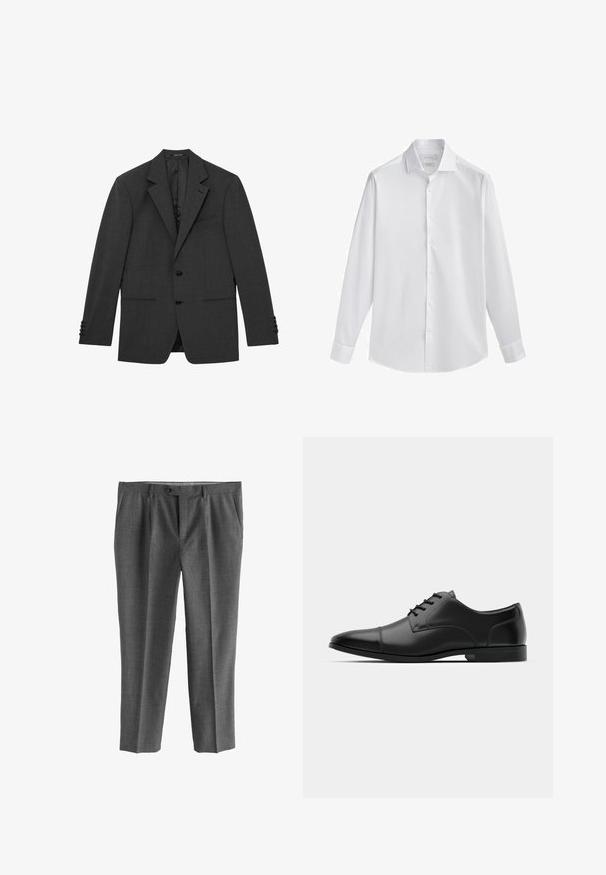 Blazer gris foncé sur mesure avec revers crantés, deux boutons sur le devant, poignets à trois boutons et trois poches avant, présenté à plat sur un fond blanc.; Chemise blanche à manches longues, à col étalé, en tissu lisse. Dispose d'un ourlet droit et de poignets à un bouton.; Pantalon gris en tissu texturé, avec une coupe droite, poches avant et fermeture par bouton.; Chaussure habillée en cuir noir avec un bout arrondi, texture lisse, six œillets et une semelle noire basse. Présente une couture discrète sur le bout.
