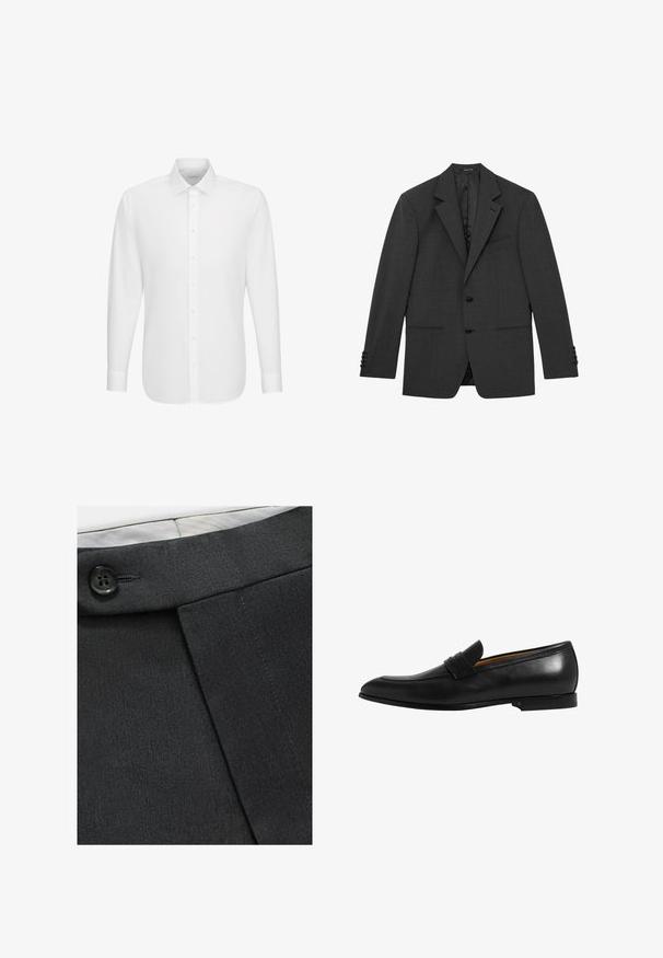 Dunkelgrauer, maßgeschneiderter Blazer mit gekerbtem Revers, zwei vorderen Knöpfen, Dreiknopfmanschetten und drei vorderen Taschen, flach liegend vor weißem Hintergrund dargestellt.; Weißes langärmeliges Hemd mit durchgehender Knopfleiste und klassischem Kragen, auf einem schlichten weißen Hintergrund dargestellt.; Schwarze maßgeschneiderte Hosen aus glattem Stoff, mit Knopfdetails am Bund und einem gefalteten Design für eine strukturierte Form.; Schwarzer Lederloafer mit elegantem Design, leicht spitz zulaufender Zehenpartie und einem dekorativen Band über dem Vorderfuß. Glatte Textur und robuste Sohle.