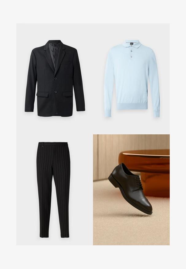 Musta bleiseri, joka on valmistettu sileästä kankaasta, jossa on viisto läkkiläppä, kaksi etutaskua ja kaksi nappia. Slim fit -malli, jossa on minimalistinen muotoilu.; Vaaleansininen pusero, jossa pitkät hihat, litteä kaulus ja kolmen napin aukko. Valmistettu pehmeästä materiaalista, istuva malli ja resorireuna.; Mustat housut, joissa on ohuita pystysuoria raitoja, mukautuva malli, etutaskut ja vyölenkit. Valmistettu sileästä, tekstuurilla varustetusta kankaasta.; Musta nahkainen nauhakenkä leijumassa vaaleanruskean maton yläpuolella, oranssin pyöreän pöydän ollessa taustalla.