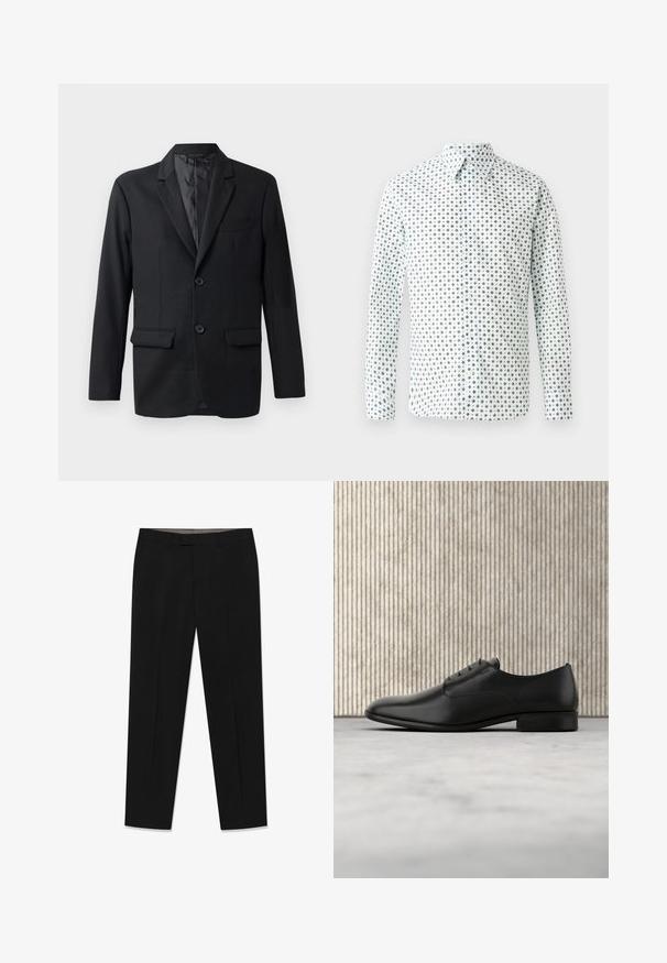 Sort blazer lavet af glat stof, med en klapkrave, to forlommer og to knapper. Slim fit med et minimalistisk design.; Hvid langærmet skjorte med et sort geometrisk mønster, klassisk krave, knaplukning og lige kant. Lavet af letvægtsstof.; Sorte bukser lavet af glat stof, med flad front, to sidelommer og en tilpasset pasform med let tilspidsning ved anklerne.; Sorte læderdressko med et elegant design, rund tå, fem snøre-læseøjer og en lille hæl. Diskret prægede logo-detaljer.