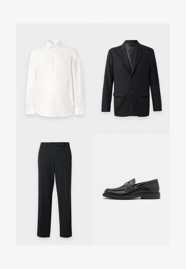 Sort blazer lavet af glat stof, med en klapkrave, to forlommer og to knapper. Slim fit med et minimalistisk design.; Hvid langærmet skjorte lavet af glat stof. Har en spids krave, frontlukning med knapper og en rundet kant. Ingen synlige mønstre.; Sorte bukser med lige pasform, lavet af glat stof. Har en frontlukning med knap og subtile syninger. Ensfarvet design uden mønstre.; Sorte læder loafers med en rund tå, der har guld hardware accent og syningsdetaljer, placeret på en lav, tekstureret gummisål.
