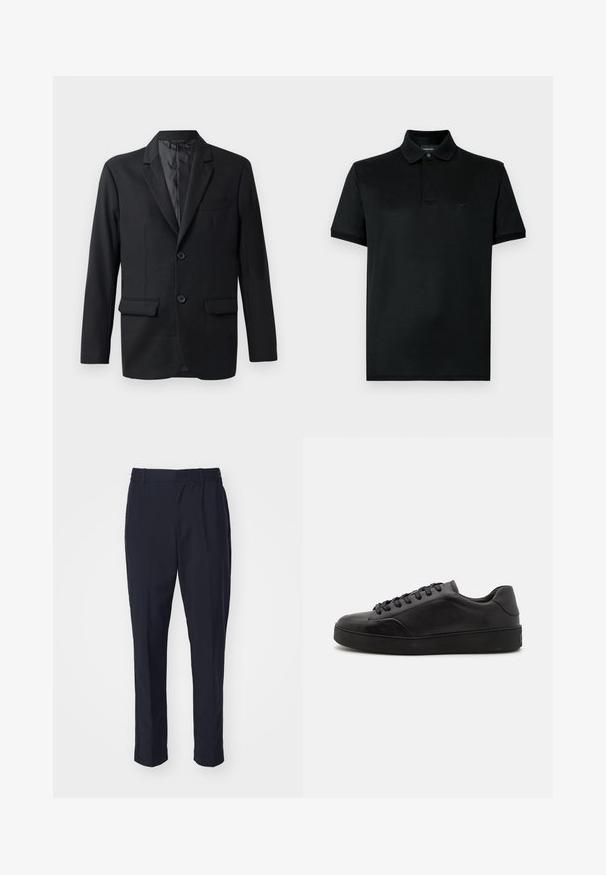 Musta bleiseri, joka on valmistettu sileästä kankaasta, jossa on viisto läkkiläppä, kaksi etutaskua ja kaksi nappia. Slim fit -malli, jossa on minimalistinen muotoilu.; Musta lyhythihainen poolopaita, valmistettu sileästä puuvillasta. Siinä on klassinen kaulus, kaksinapillinen nappilista ja hillitty logo rinnassa.; Tummansinisiä housuja, joissa on sileä pinta, joustava vyötärö ja kapeneva lahjerakenne. Ei näkyviä taskuja tai koristeita.; Mustat nahkakengät, joissa on pyöreä kärki, litteä pohja ja perinteinen nauhoitus. Ominaisuuksiin kuuluu sileä pinta ja huomaamaton sivupaneelien yksityiskohta.