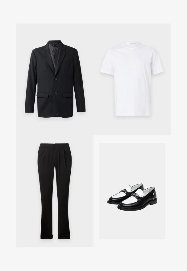 Čierny blazer z hladkej tkaniny, s klopovým golierom, dvoma prednými vreckami a dvoma gombíkmi. Úzky strih s minimalistickým dizajnom.; Biely bavlnený tričko s okrúhlym výstrihom a krátkymi rukávmi. Hladká textúra, rovný strih a minimalistický dizajn bez vzorov alebo akcentov.; Čierne nohavice vyrobené z hladkej tkaniny s elastickým pásom, s rovnými nohavicami, prednými sklady a obrúbenými spodkami. Jednoduchý a univerzálny dizajn.; Pár čierno-bielych kožených mokasín s detailom zlatého reťaze na vrchu, na jednoduchom svetlom pozadí.