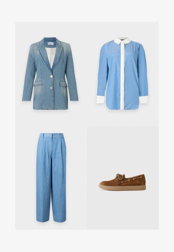 Lyseblå denimblazer med lange ærmer, to forlommer med klap, reverskrave med hakket design og to hvide knapper foran.; Blå skjorte med lange ærmer med hvide lodrette striber, hvid krave, hvid frontknapstolpe og hvide manchetter med knapper.; Lyseblå, højtaljede bukser med vide ben, frontplissering og sidelommer, vist mod en ensfarvet hvid baggrund.; Brun ruskinds loafer med en rund tå, kontrastfarvet tan gummisål, og dekorative guld-tone snørebånd langs siden.