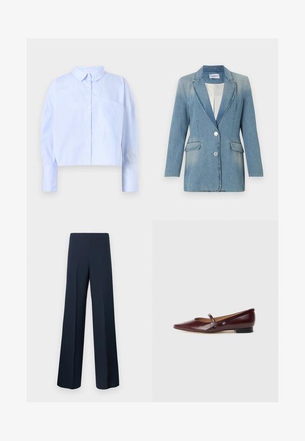 Blazer de mezclilla azul claro con mangas largas, dos bolsillos delanteros con solapa, cuello con solapa en pico y dos botones blancos en la parte delantera.; Camisa de botones cortada en azul claro con rayas verticales blancas, que presenta un cuello desplegado y un bolsillo en el pecho. Textura de tela suave.; Pantalones anchos azul marino hechos de tela suave con cintura alta y sin cierres visibles, presentando líneas limpias y una silueta elegante.; Zapato plano de charol burdeos con punta afilada y una cinta decorativa a lo largo del empeine. Cuenta con un tacón bajo negro.
