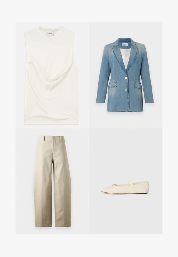 Blazer en denim bleu clair à manches longues, deux poches à rabat à l'avant, col cranté et deux boutons blancs sur le devant.; Haut sans manches blanc avec un détail drapé à l'avant, fabriqué en tissu doux et léger. Présente un col rond et une coupe décontractée.; Pantalon beige taille haute à jambes larges avec passants de ceinture, fermeture éclair devant et finition en tissu lisse et structuré.; Ballerines en matériau tissé crème, à bout pointu, avec un petit nœud à l'avant et une bride sur le dessus. Semelle plate.