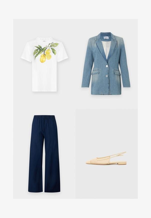 Blazer en denim bleu clair à manches longues, deux poches à rabat à l'avant, col cranté et deux boutons blancs sur le devant.; T-shirt blanc à manches courtes avec un imprimé d'une branche de citronnier comprenant trois citrons, dont un coupé en deux, et des feuilles vertes avec de petites fleurs blanches.; Pantalon bleu marine à jambes larges avec taille élastique et devant plat, en tissu léger.; Chaussure plate slingback en beige clair avec une tige en maille, un bout pointu et un petit talon. Dotée d'une sangle ajustable pour un bon maintien.