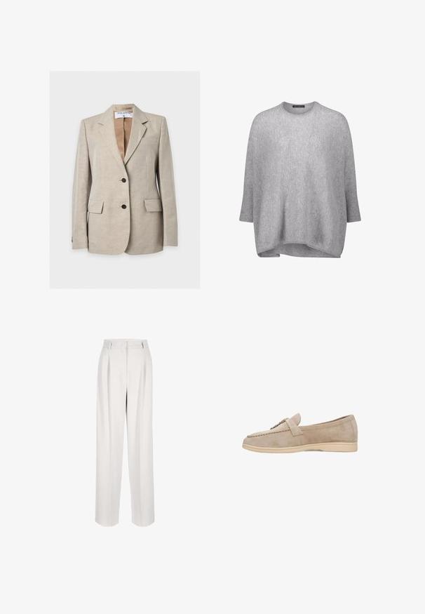 Lichtbeige getailleerde blazer met twee knopen aan de voorkant, notch-revers, klepzakken en een zichtbaar merkembleem binnenin de kraag.; Lichtgrijze oversized trui van zacht breiwerk, met een ronde halslijn en driekwart mouwen. Eenvoudige en gladde textuur.; Witte high-waisted geplooide broek met riemlussen, rechte brede pijpen en voorplooidetails.; ESTRO Z NATURALNEGO ESTRO - Mocassins - beige