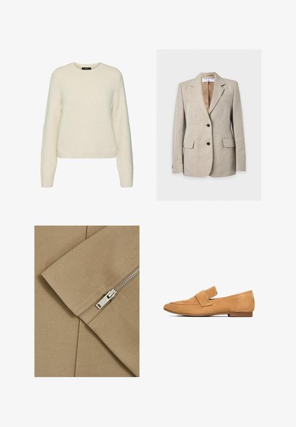 Lyse beige skræddersyet blazer med to forreste knapper, hakkede reverser, klaplommer og et synligt mærke indvendigt i kraven.; Hvid strikket sweater med rund halsudskæring, lange ærmer og ribbede manchetter og kant. Blød tekstur og afslappet pasform.; Beige stof med en tekstureret overflade og diagonal søm, prydet med en sølvfarvet lynlås med et rektangulært træk.; Lette mokkasiner i tan farve med flad hæl, rund tå og en syet strop over vristen for et raffineret udtryk.
