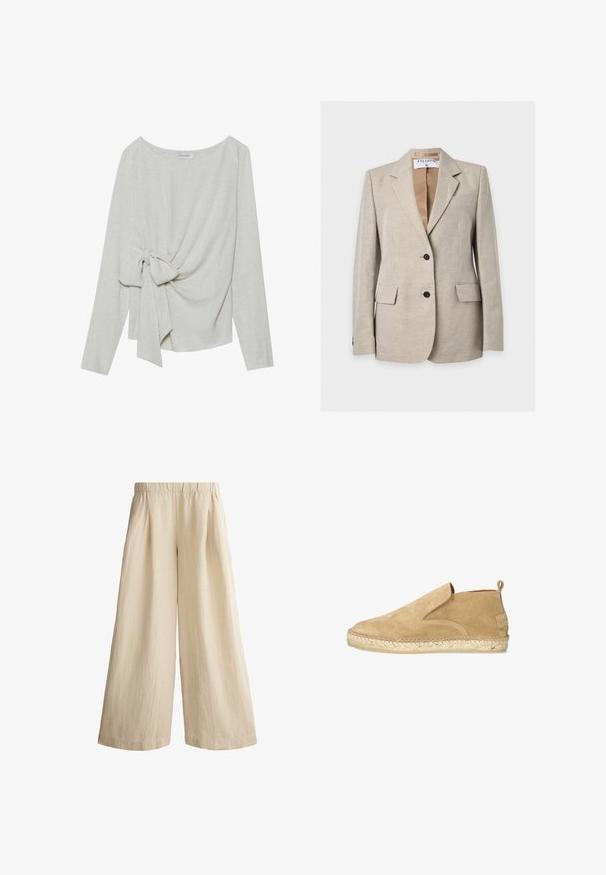 Lichtbeige getailleerde blazer met twee knopen aan de voorkant, notch-revers, klepzakken en een zichtbaar merkembleem binnenin de kraag.; Langsleeve top in lichtbeige linnenmix, met een gedraaide knoopdetails aan één zijde, ronde halslijn en een losse pasvorm.; Beige broek met wijde pijpen, elastische tailleband en subtiele verticale structuur, ontworpen voor een losse, comfortabele pasvorm.; Shabbies Amsterdam ELCHE LOFA - Espadrilles - dark sand