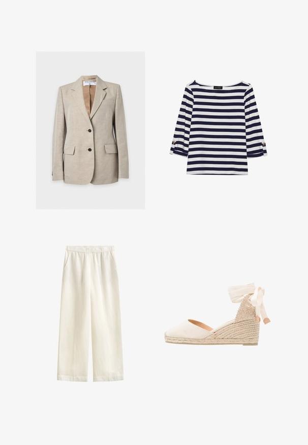Blazer beige clair sur mesure avec deux boutons sur le devant, revers crantés, poches à rabat et étiquette de marque visible à l'intérieur du col.; Haut rayé bleu marine et blanc à manches longues avec un col bateau et des accents de boutons dorés sur les manches retroussées. Tissu doux, coupe décontractée.; GANT BLEND PULL ON PANTS - Pantalon classique - eggshell; Escarpin compensé en toile beige avec un dos texturé, un ruban de cheville crème et une semelle en jute tressé. Bout arrondi avec un léger talon.