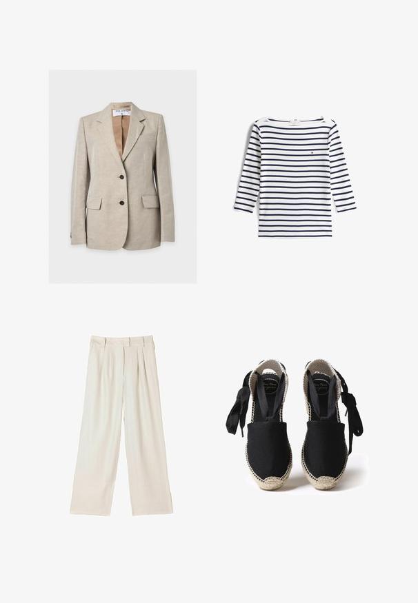 Lyse beige skræddersyet blazer med to forreste knapper, hakkede reverser, klaplommer og et synligt mærke indvendigt i kraven.; Hvid langærmet skjorte med mørkeblå vandrette striber og et lille rødt, hvidt og blåt logo på venstre bryst.; Bukser med vide ben i lysebeige stof, med dobbelte læg foran og en lige pasform, med en glat tekstur og uden synlige metaldele.; Sorte canvas espadriller med en sovesål og vævede kanter. Snører lavet af det samme sorte stof for justerbar pasform. Lukket tå-design.